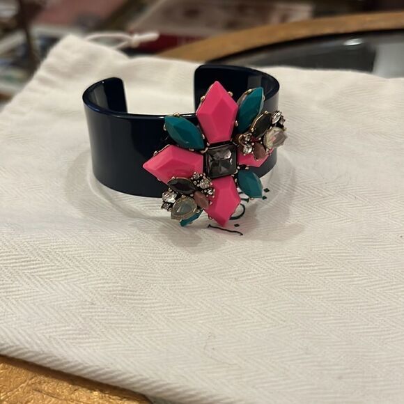 J. Crew Black Acrylic Cuff Bracelet Encrusted with Colorful Rhinestones - Picture 2 of 4